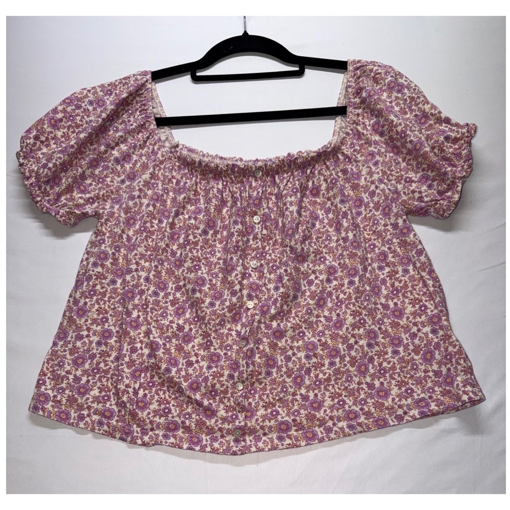 American Eagle Floral Puff Sleeve Top Womens Medium Purple Button Front Boho